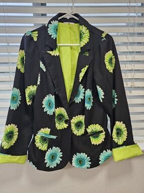 Black Floral Blazer with Lime & Teal Flower Print